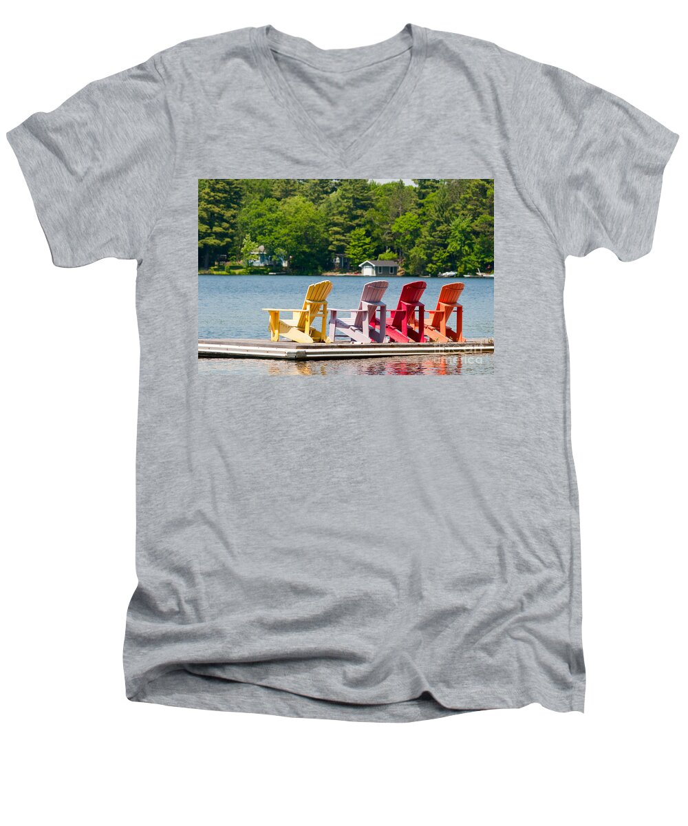 Colors Men's V-Neck T-Shirt featuring the photograph Colorful chairs by Les Palenik