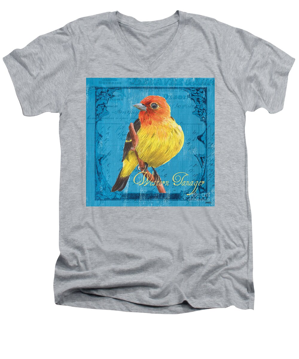 Bird Men's V-Neck T-Shirt featuring the painting Colorful Songbirds 4 by Debbie DeWitt