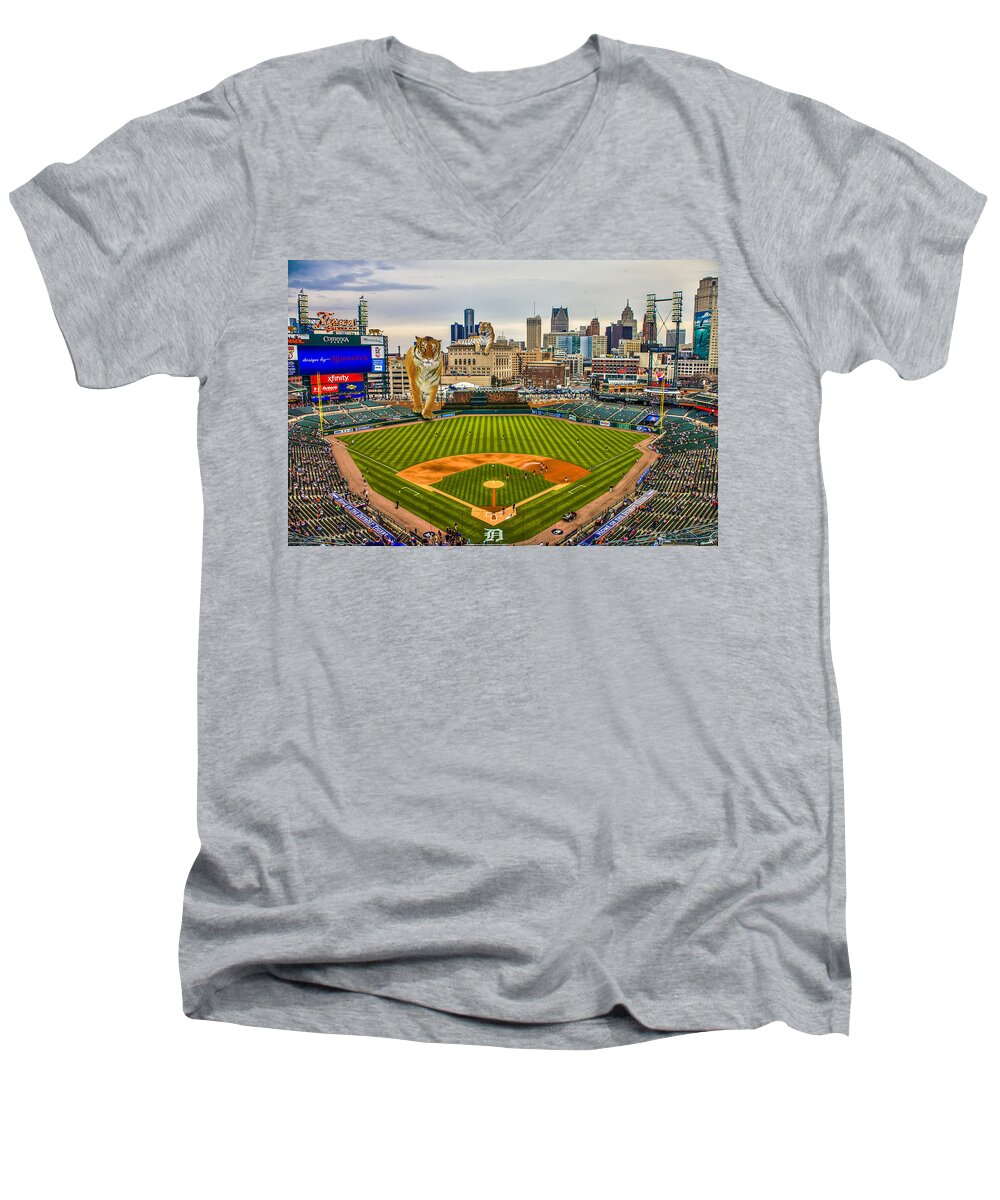 King Kong Men's V-Neck T-Shirt featuring the photograph Comerica Park Detroit MI with the Tigers by Nicholas Grunas