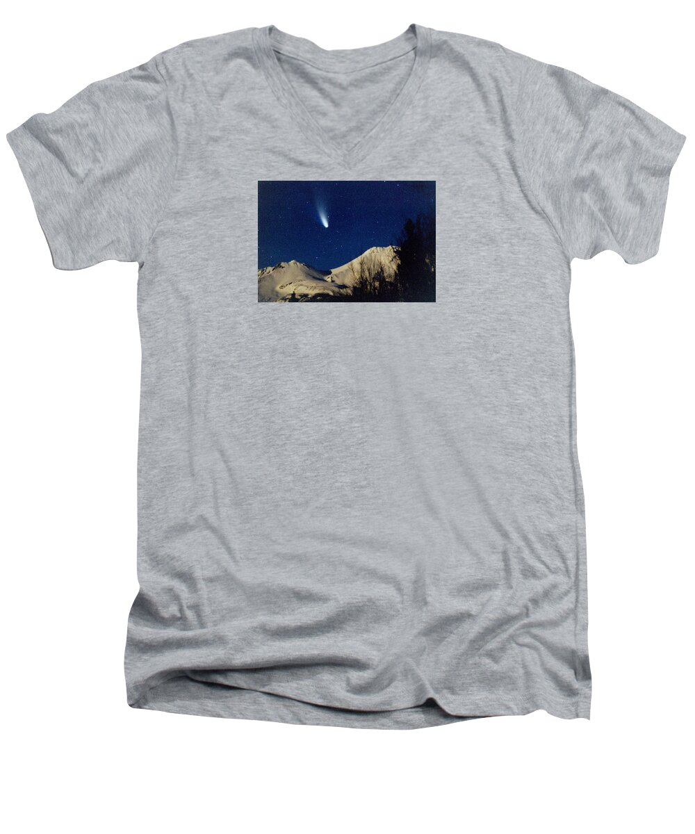 California Men's V-Neck T-Shirt featuring the photograph Comet Hale Bopp Rising Over Mount Shasta 01 by Her Arts Desire