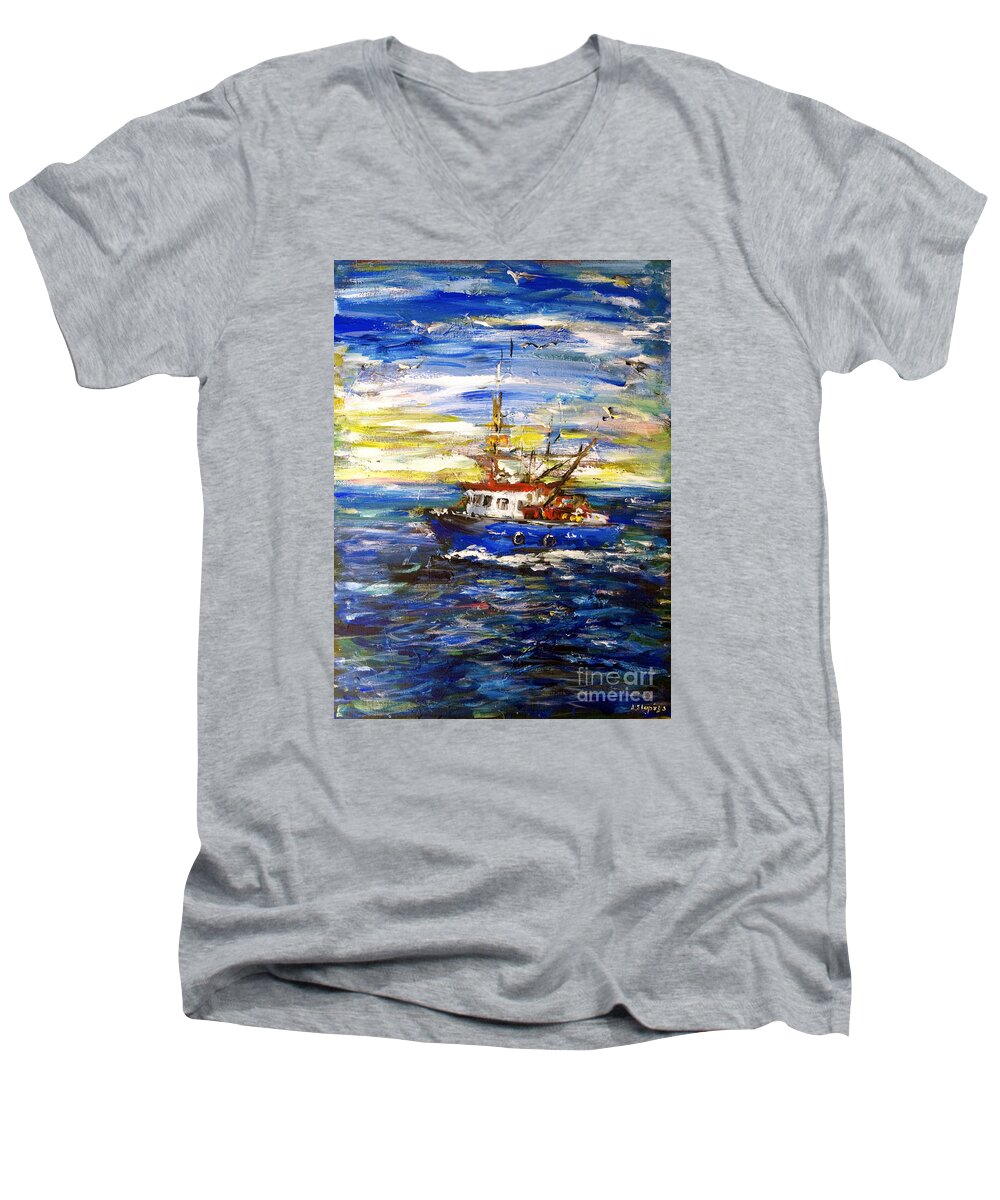 Fishing Men's V-Neck T-Shirt featuring the painting Coming back by Arturas Slapsys