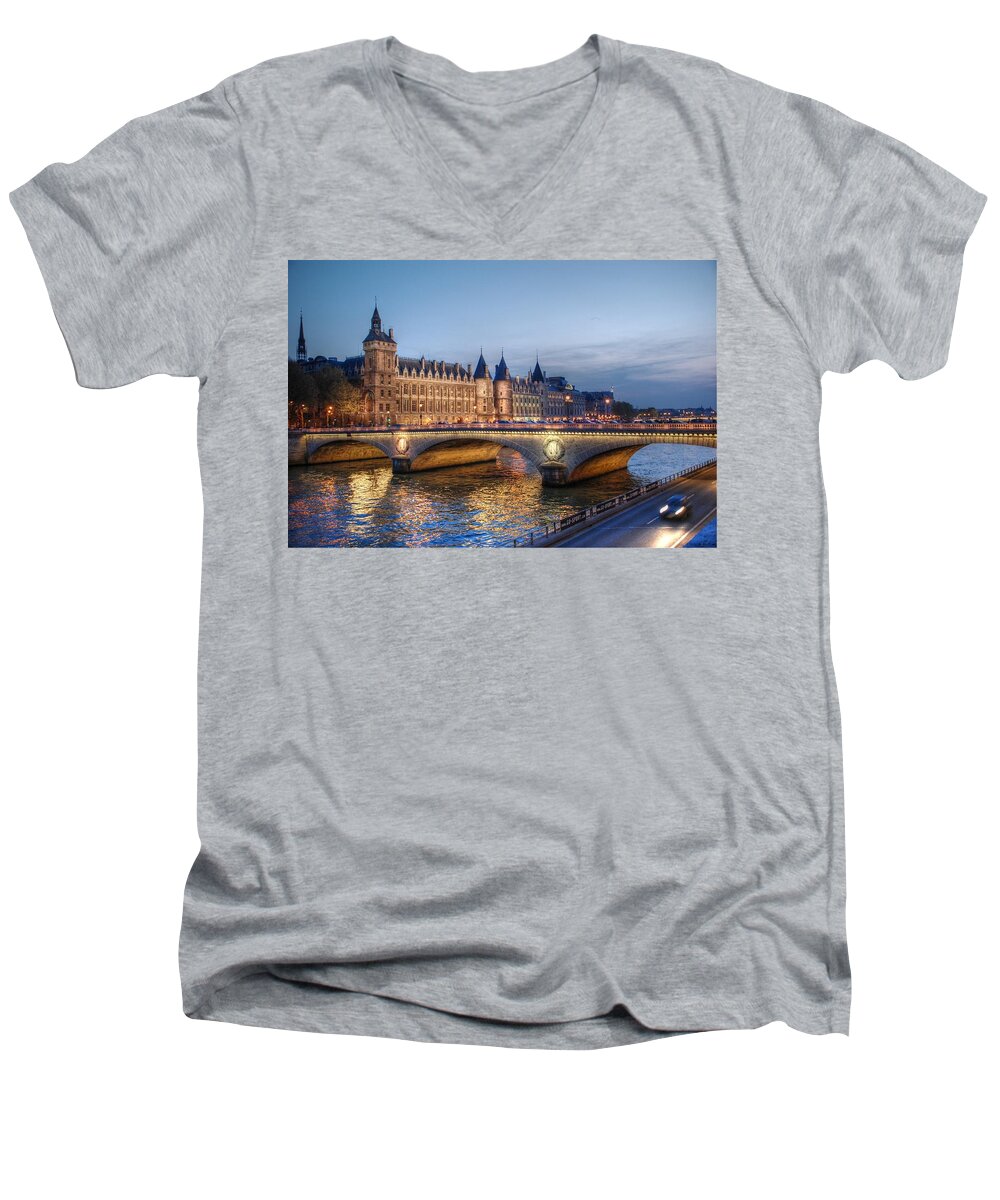 Conciergerie Men's V-Neck T-Shirt featuring the photograph Conciergerie and Pont Napoleon at Twilight by Jennifer Ancker