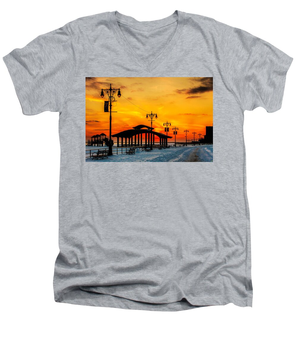 Coney Island Men's V-Neck T-Shirt featuring the photograph Coney Island Winter Sunset by Chris Lord