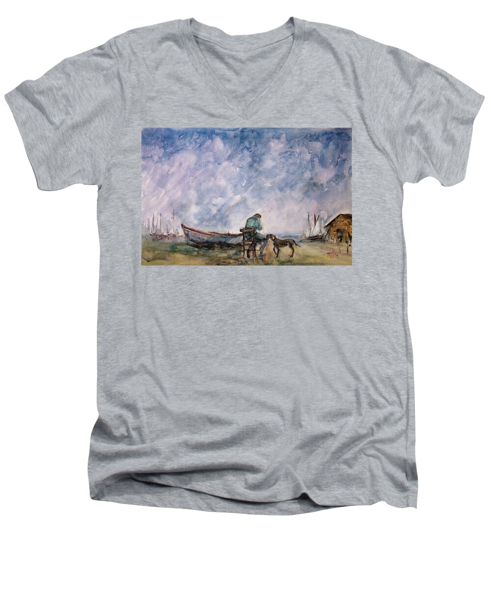 Man Men's V-Neck T-Shirt featuring the painting Consolation... by Faruk Koksal