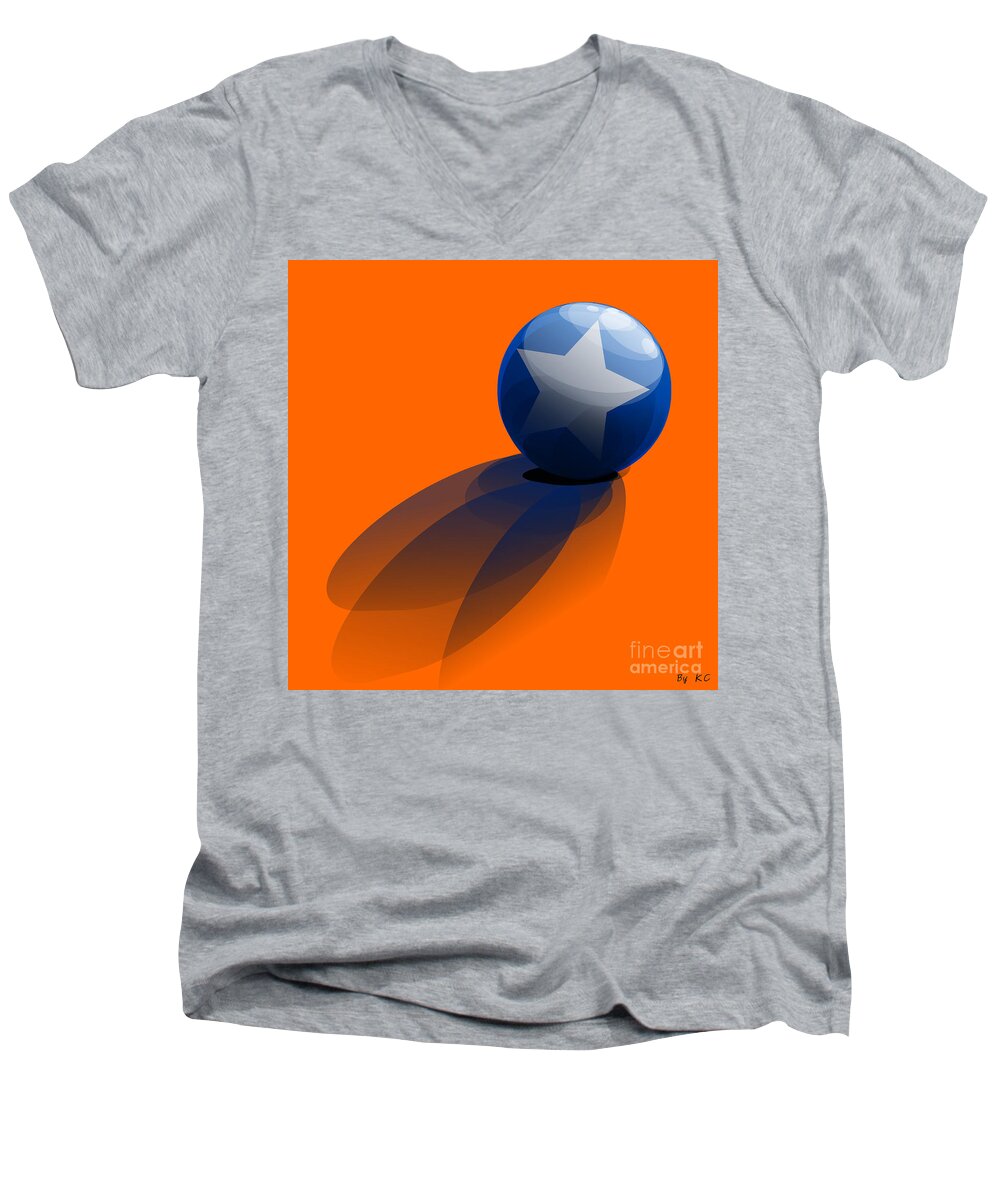 Orange Men's V-Neck T-Shirt featuring the digital art Blue Ball decorated with star orange background by Vintage Collectables
