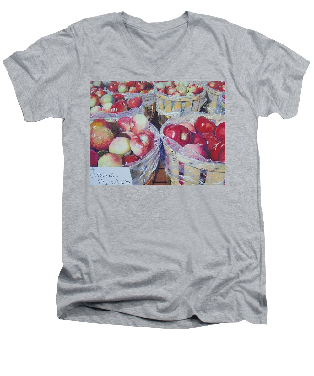Apple Men's V-Neck T-Shirt featuring the mixed media Cortland Apples by Constance Drescher
