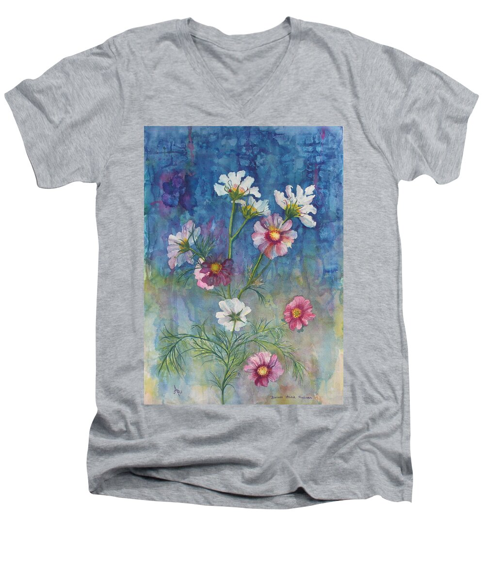 Cosmos Men's V-Neck T-Shirt featuring the painting Cosmos by Anna Ruzsan