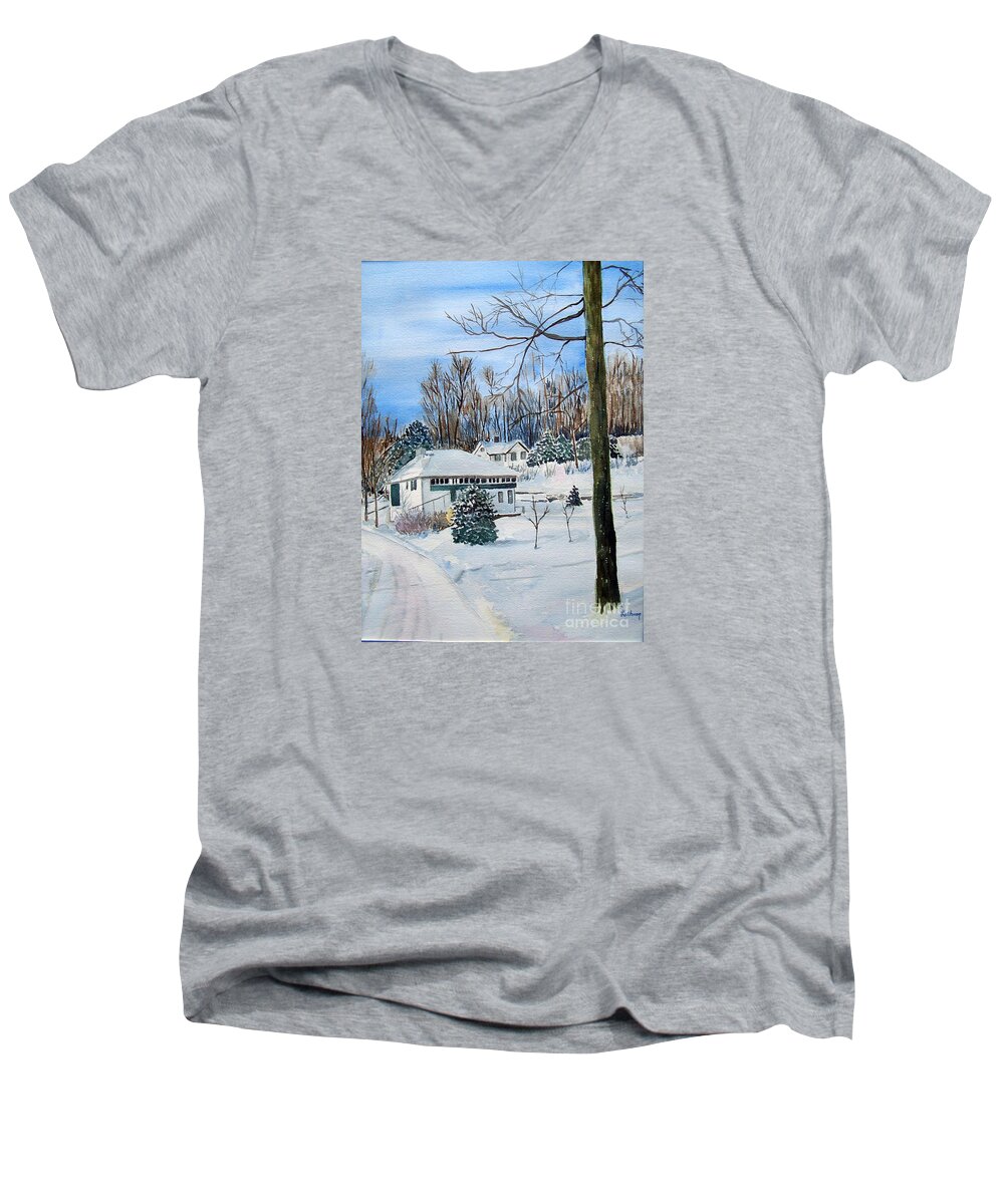 Snow Men's V-Neck T-Shirt featuring the painting Country Club in Winter by Christine Lathrop