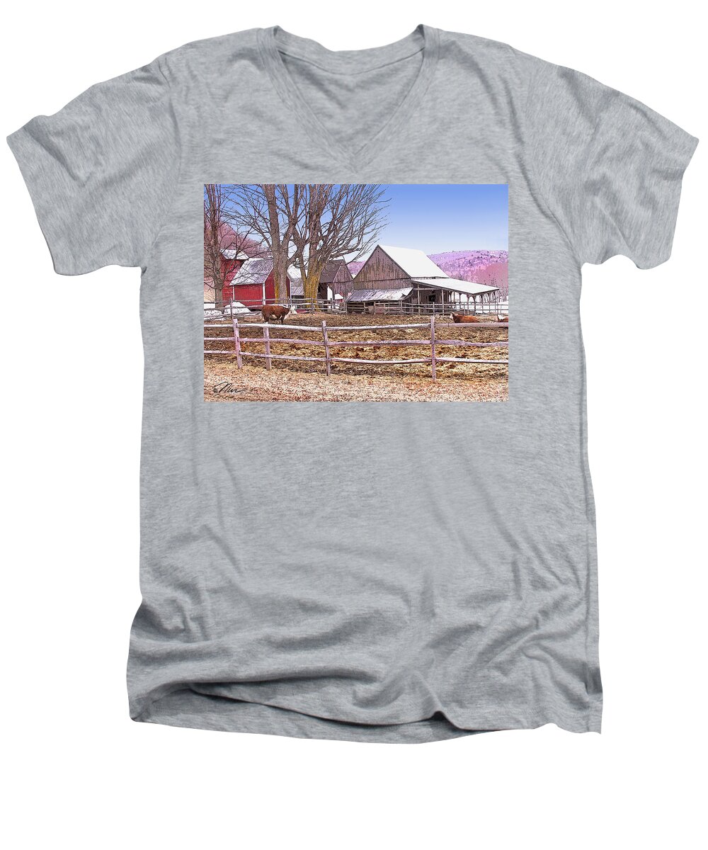Jenne Farm Men's V-Neck T-Shirt featuring the digital art Cows at Jenne Farm by Nancy Griswold