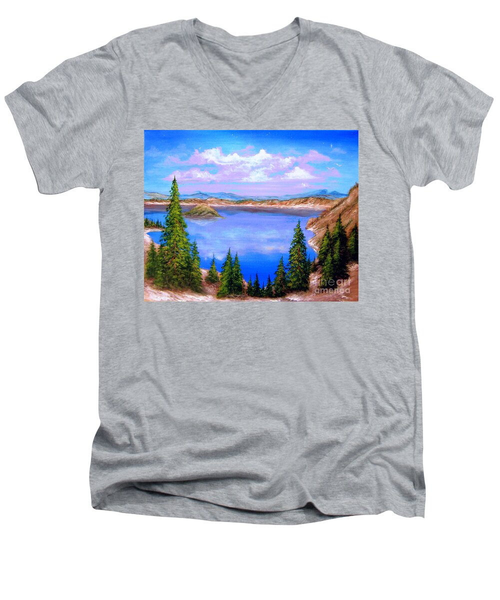 Lake Men's V-Neck T-Shirt featuring the painting Crater Lake Oregon by Bella Apollonia