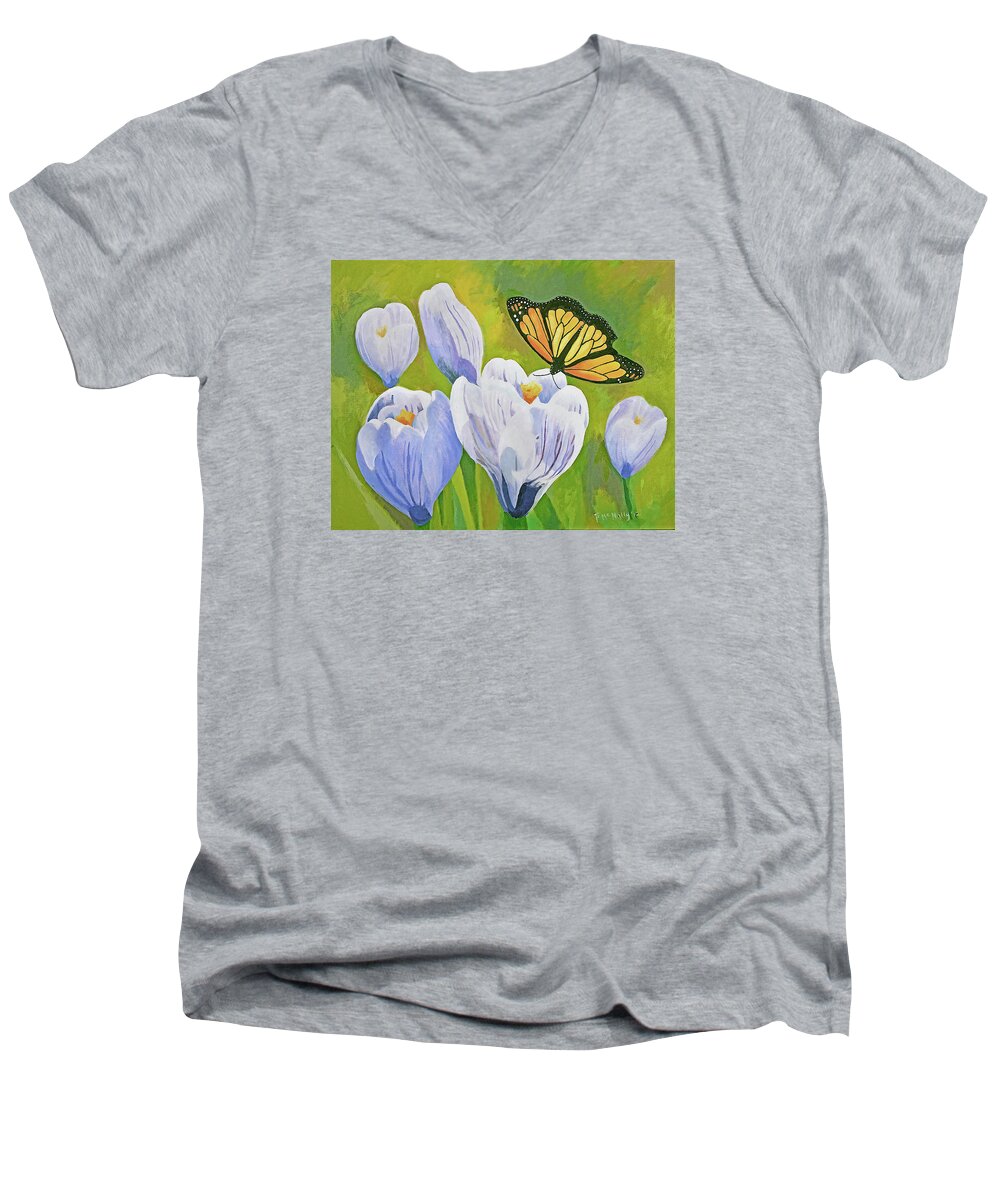 Monarch Men's V-Neck T-Shirt featuring the painting Crocus and Monarch Butterfly by Susan McNally