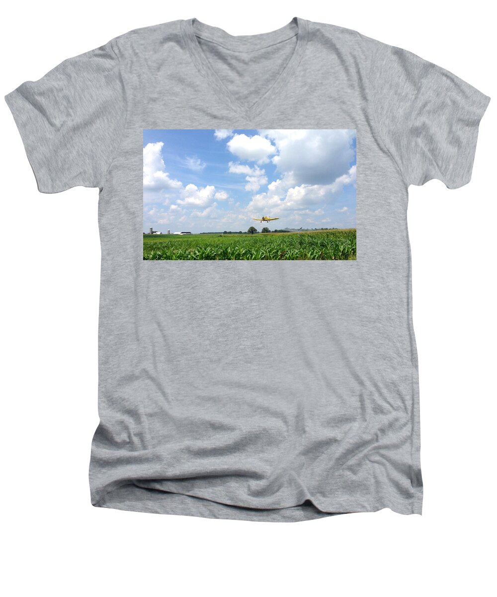 Landscape Men's V-Neck T-Shirt featuring the photograph Yellow Crop Duster by Charles Kraus