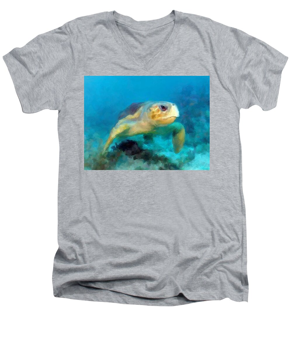Curious Turtle Men's V-Neck T-Shirt featuring the mixed media Curious Sea Turtle by David Van Hulst