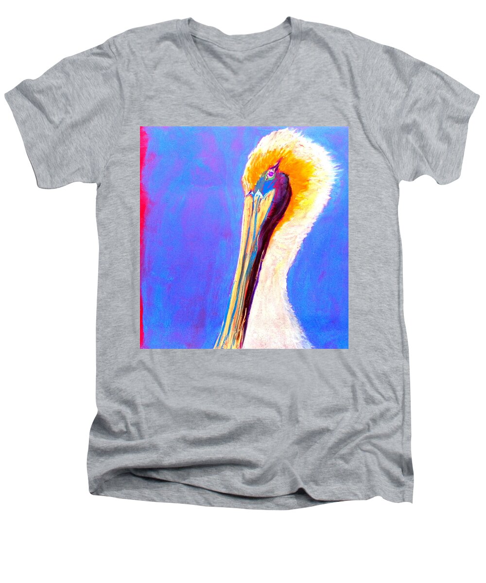 Bird Pelican Portrait Face Colorful Whimsical Quirky Decorative Colourful Bright Vibrant Pastel Soft Pastels Soft-pastels Painting Pretty Unique Style Bold Strokes Birdie Birds Birdies Heart-warming Cute White Child's-room Childs Child's Room Vivid Drawing Sketch Loose Distinctive Funny Fun Men's V-Neck T-Shirt featuring the painting Cute Pelican by Sue Jacobi