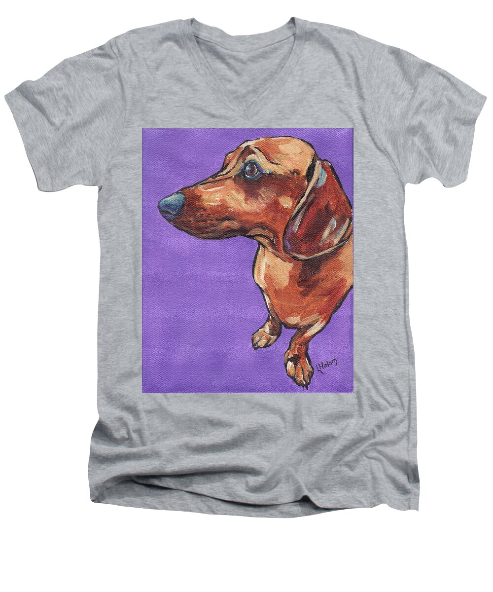 Dachshund Men's V-Neck T-Shirt featuring the painting Dachshund by Greg and Linda Halom