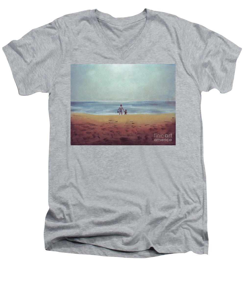 Daddy Men's V-Neck T-Shirt featuring the drawing Daddy at the Beach by Samantha Geernaert