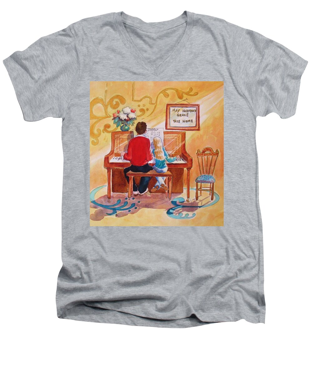 Piano Men's V-Neck T-Shirt featuring the painting Daddy's Little Girl by Marilyn Jacobson