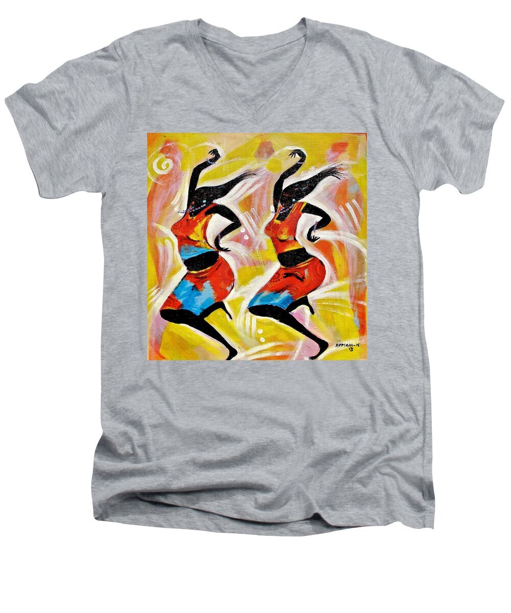 Appiah Ntiaw Men's V-Neck T-Shirt featuring the painting Dancers by Appiah Ntiaw