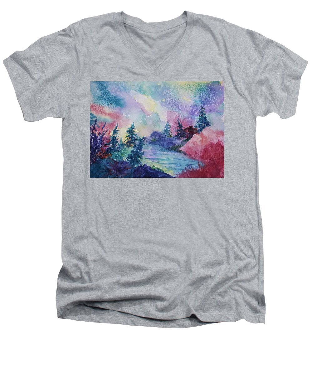 Aurora Men's V-Neck T-Shirt featuring the painting Dancing Lights II by Ellen Levinson