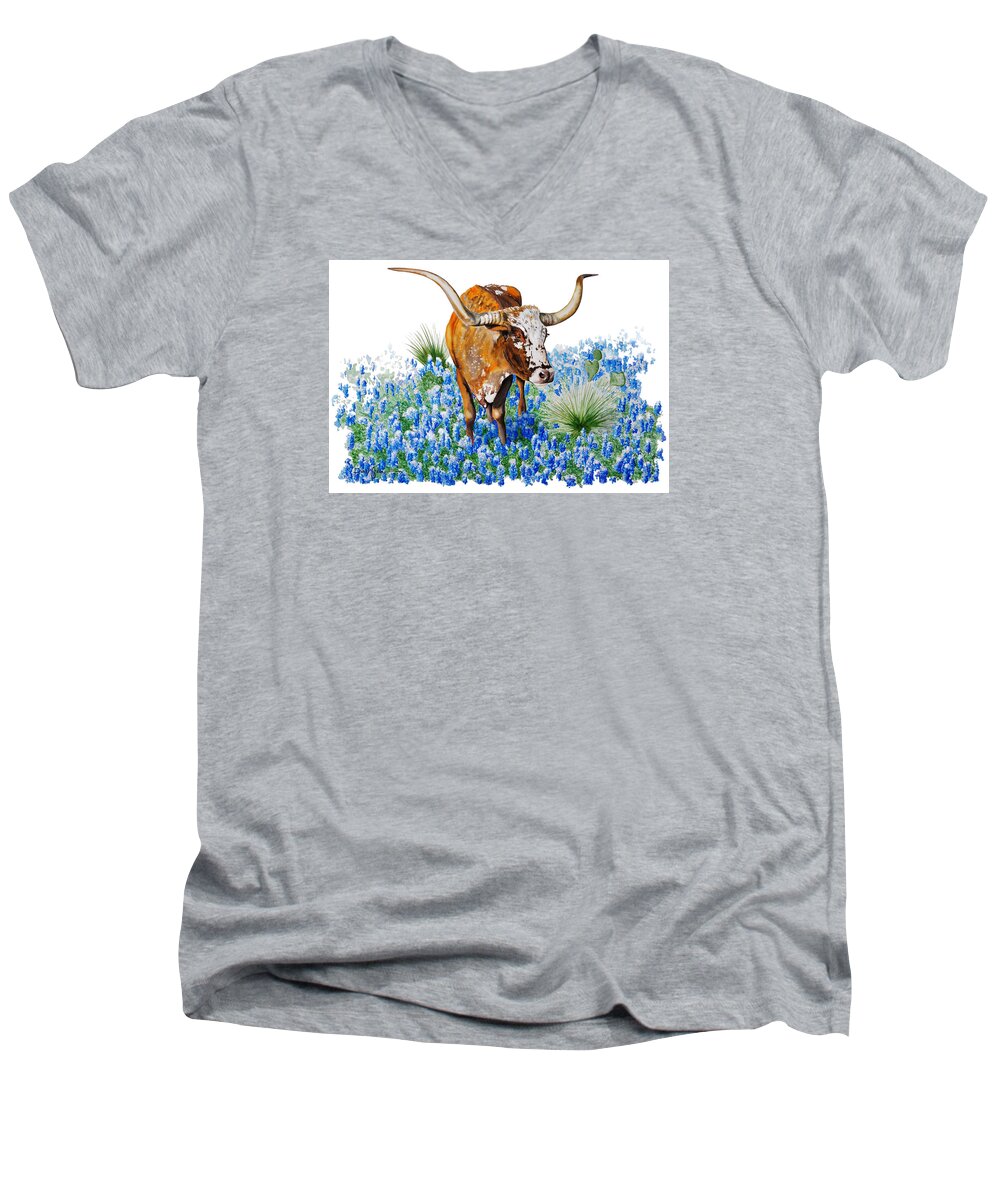 Longhorns Men's V-Neck T-Shirt featuring the painting Longhorn and Bluebonnets Daniel Adams by Daniel Adams