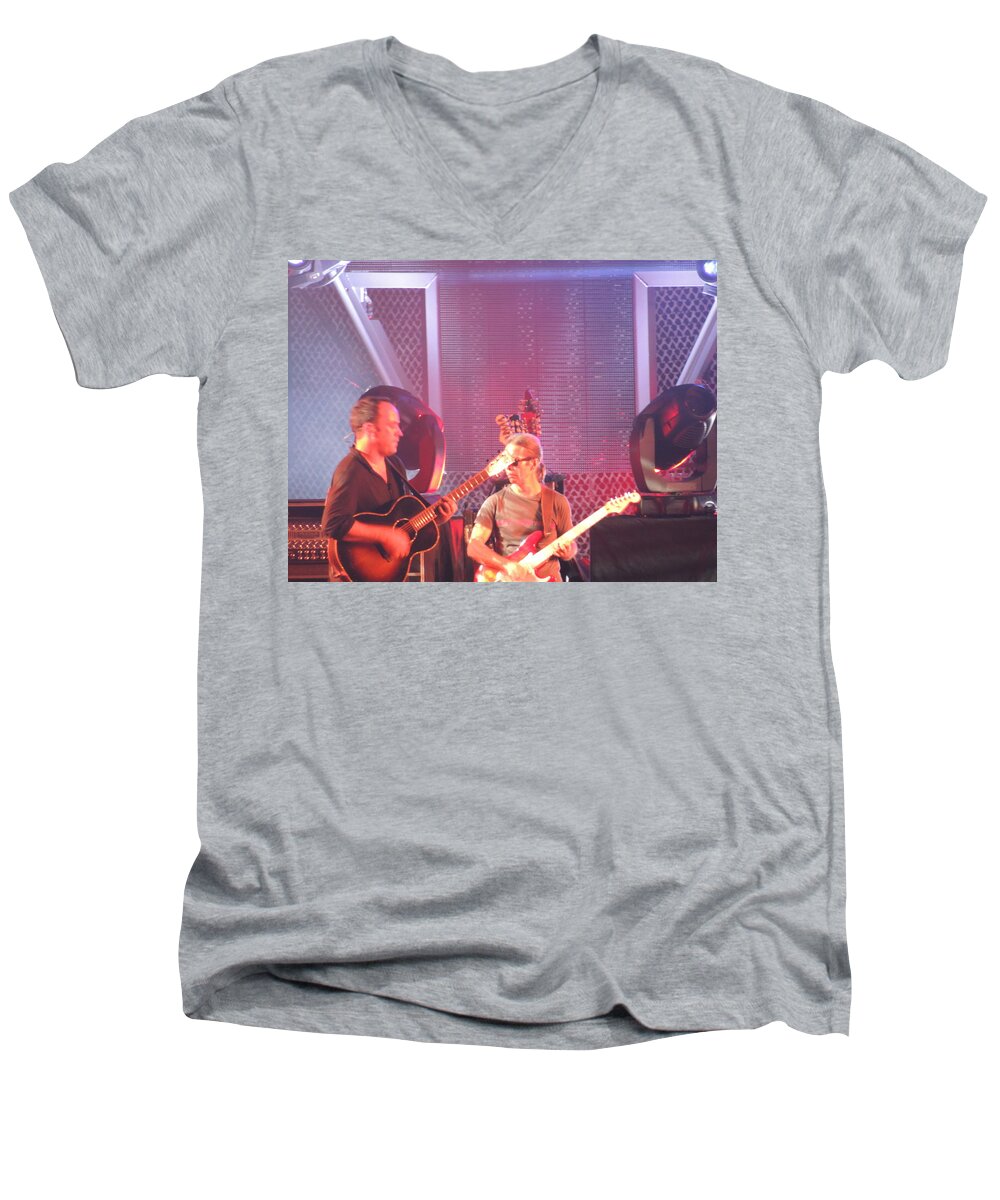 Guitar Playing Men's V-Neck T-Shirt featuring the photograph Dave and Tim jam on the guitar by Aaron Martens
