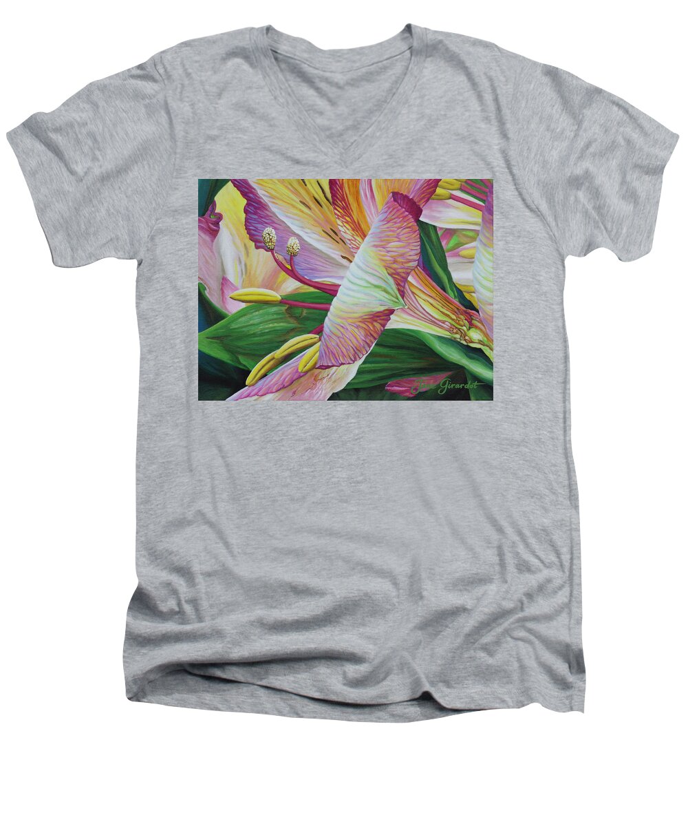 Day Lily Men's V-Neck T-Shirt featuring the painting Day Lilies by Jane Girardot