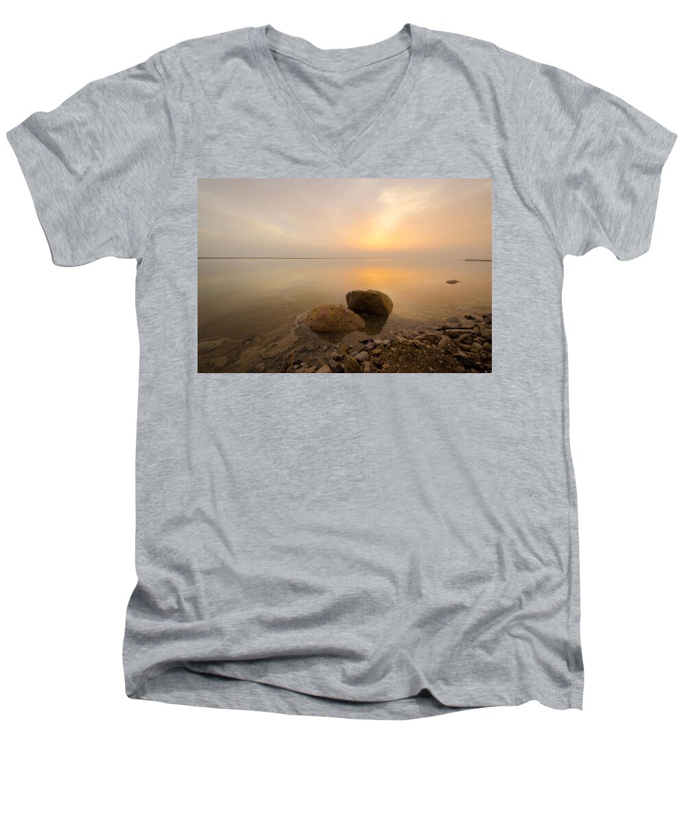 Dead Sea Men's V-Neck T-Shirt featuring the photograph Dead Sea Sunrise by David Morefield