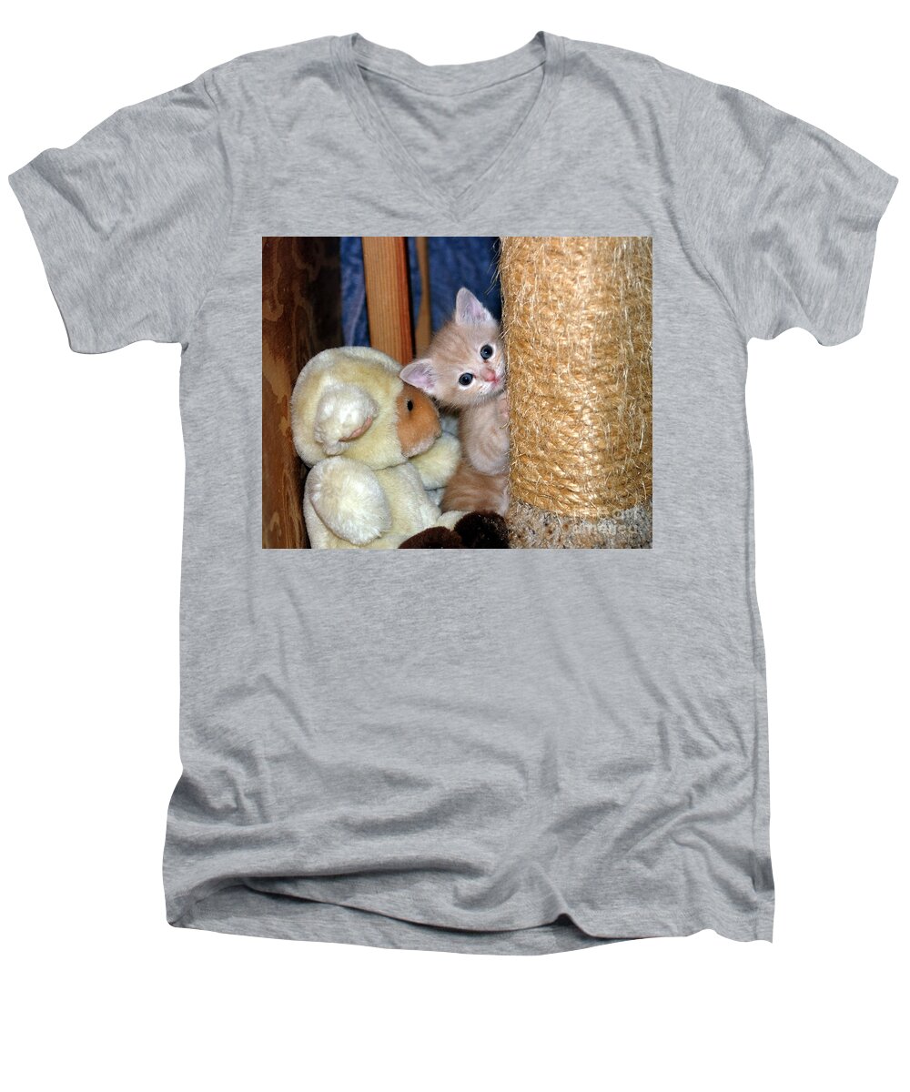 Cats Men's V-Neck T-Shirt featuring the photograph Dionne and the Bear by John Greco