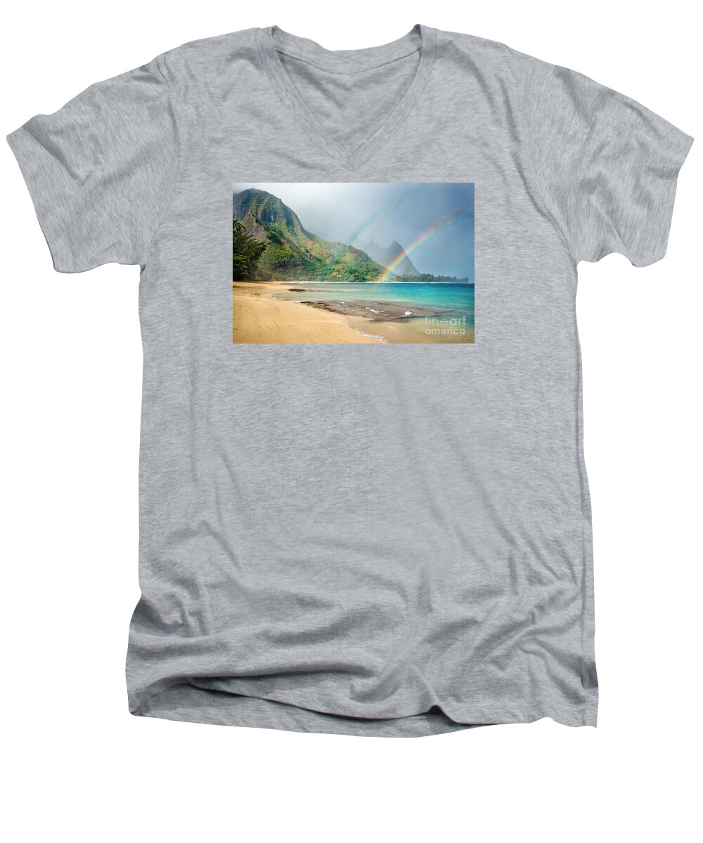 Afternoon Men's V-Neck T-Shirt featuring the photograph Double Rainbow Kauai by M Swiet Productions