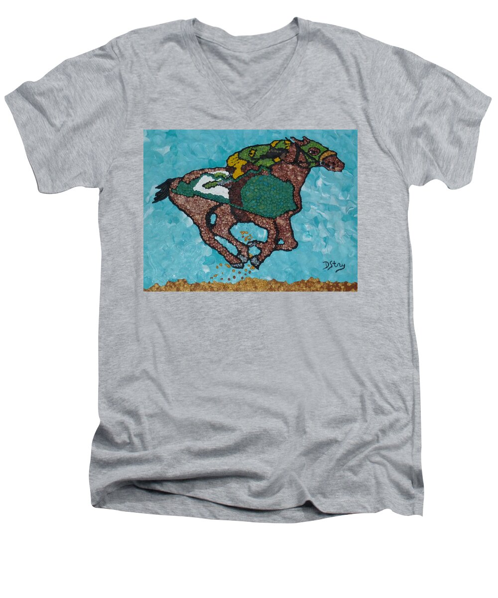 Horse Men's V-Neck T-Shirt featuring the mixed media Down the Stretch by Deborah Stanley
