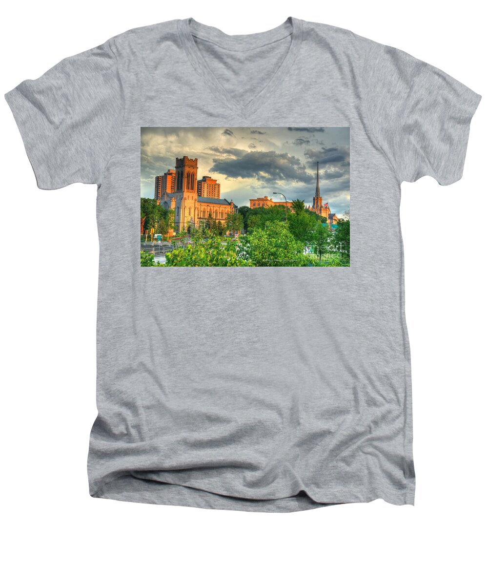 Downtown Minneapolis Men's V-Neck T-Shirt featuring the photograph Downtown Minneapolis Skyline Saint Mark's Episcopal Cathedral by Wayne Moran