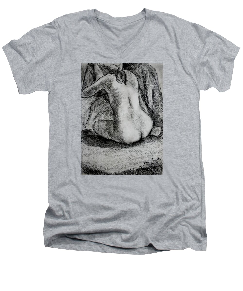 Nude Men's V-Neck T-Shirt featuring the drawing Drapery Pull by Kendall Kessler