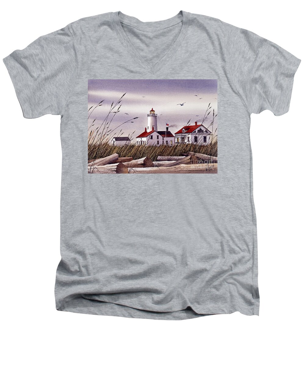 Lighthouse Fine Art Prints Men's V-Neck T-Shirt featuring the painting Dungeness Lighthouse by James Williamson
