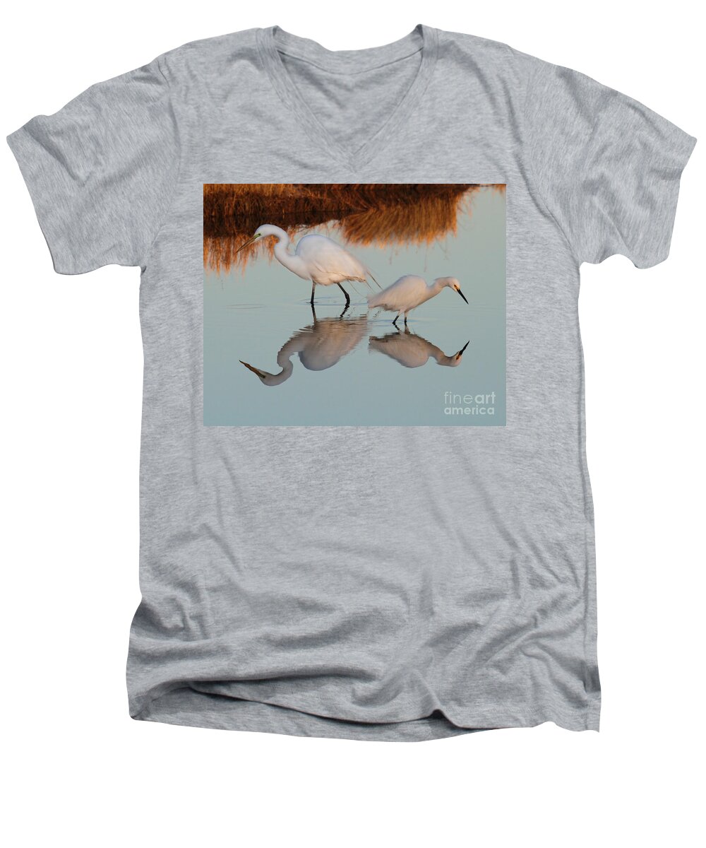 Egret Men's V-Neck T-Shirt featuring the photograph Elegant Big and Small great white and snowy egrets by Roger Becker