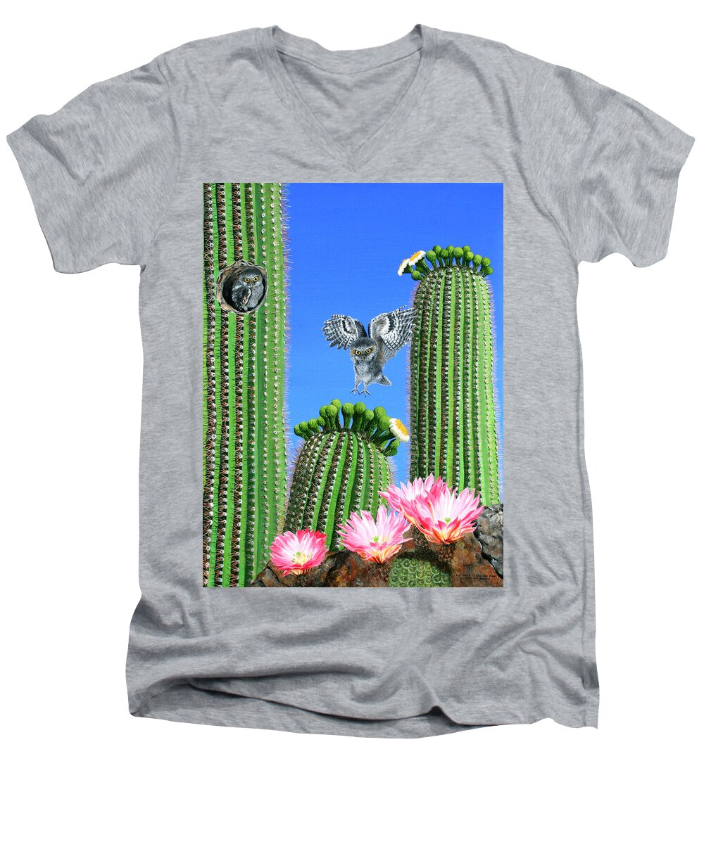 Wildlife Men's V-Neck T-Shirt featuring the painting Elf Owls of Saguaro Desert by Wilfrido Limvalencia