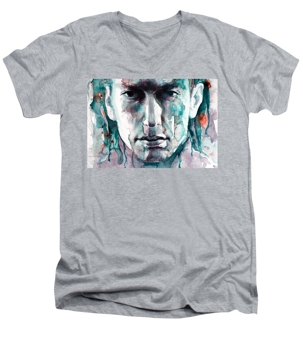 Eminem Men's V-Neck T-Shirt featuring the painting Eminem 3 by Laur Iduc