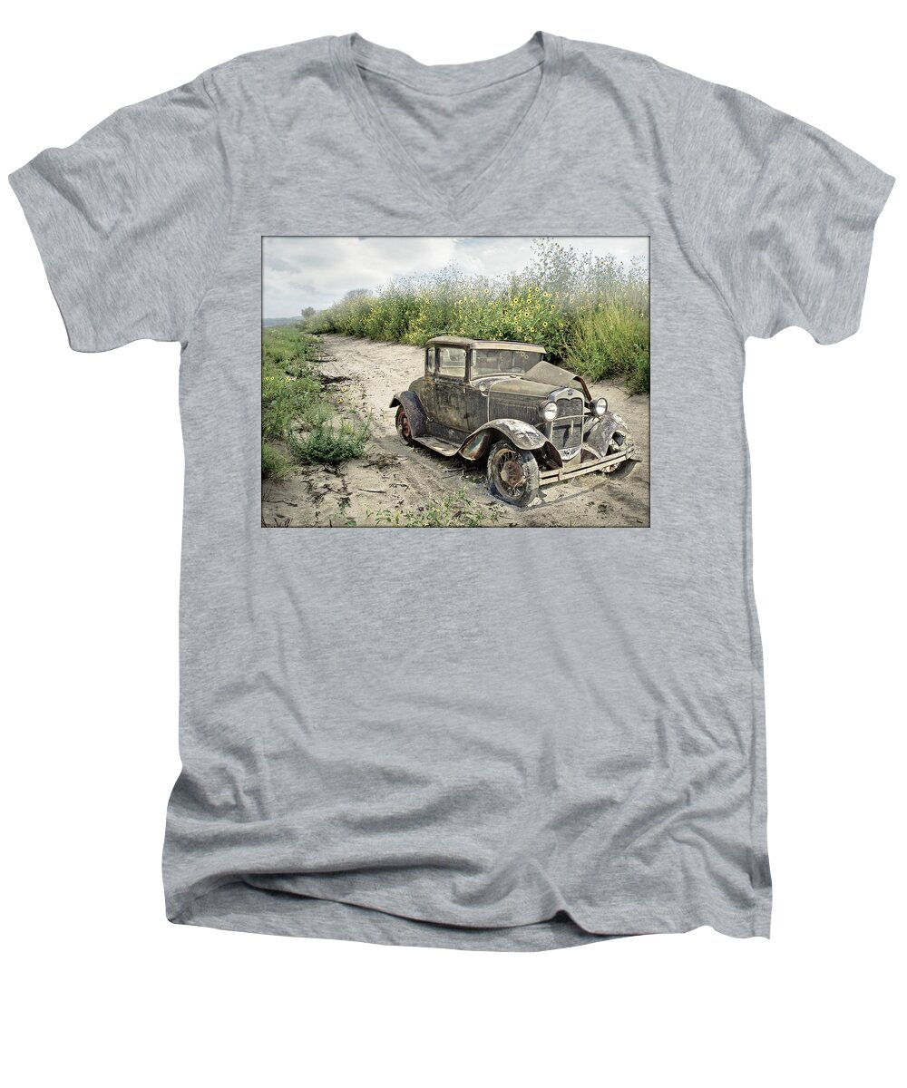 Automobiles Men's V-Neck T-Shirt featuring the photograph End of the Road by John Anderson