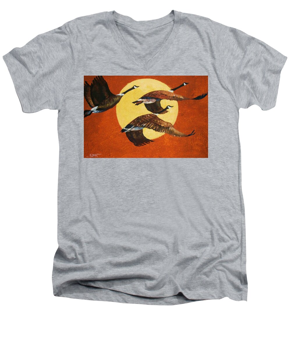 Canada Geese Men's V-Neck T-Shirt featuring the painting Soaring Migration by Al Brown