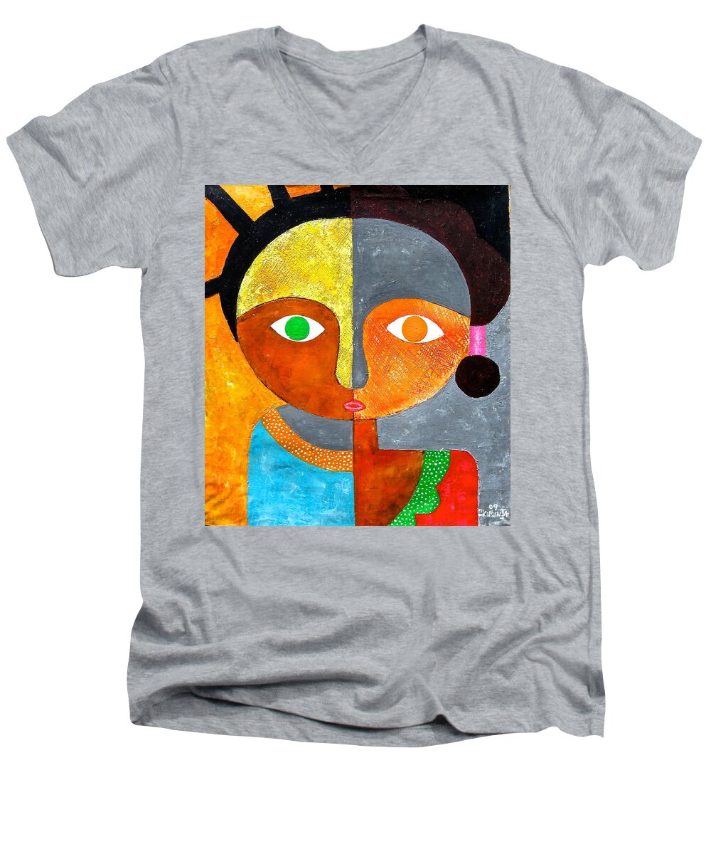 African Paintings Men's V-Neck T-Shirt featuring the painting Face 2 by Kibunja