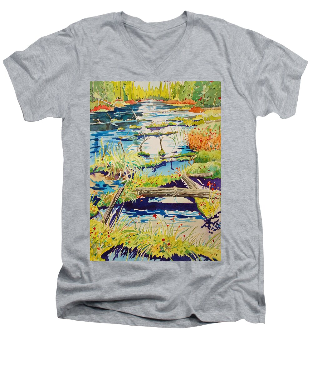 River Men's V-Neck T-Shirt featuring the painting Fall River Scene by Terry Holliday