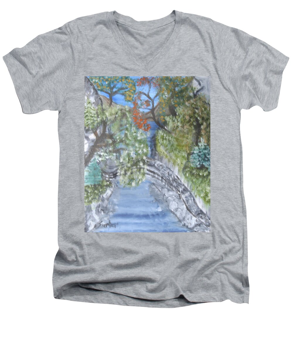 Trees Men's V-Neck T-Shirt featuring the painting Far Off Place by Suzanne Surber