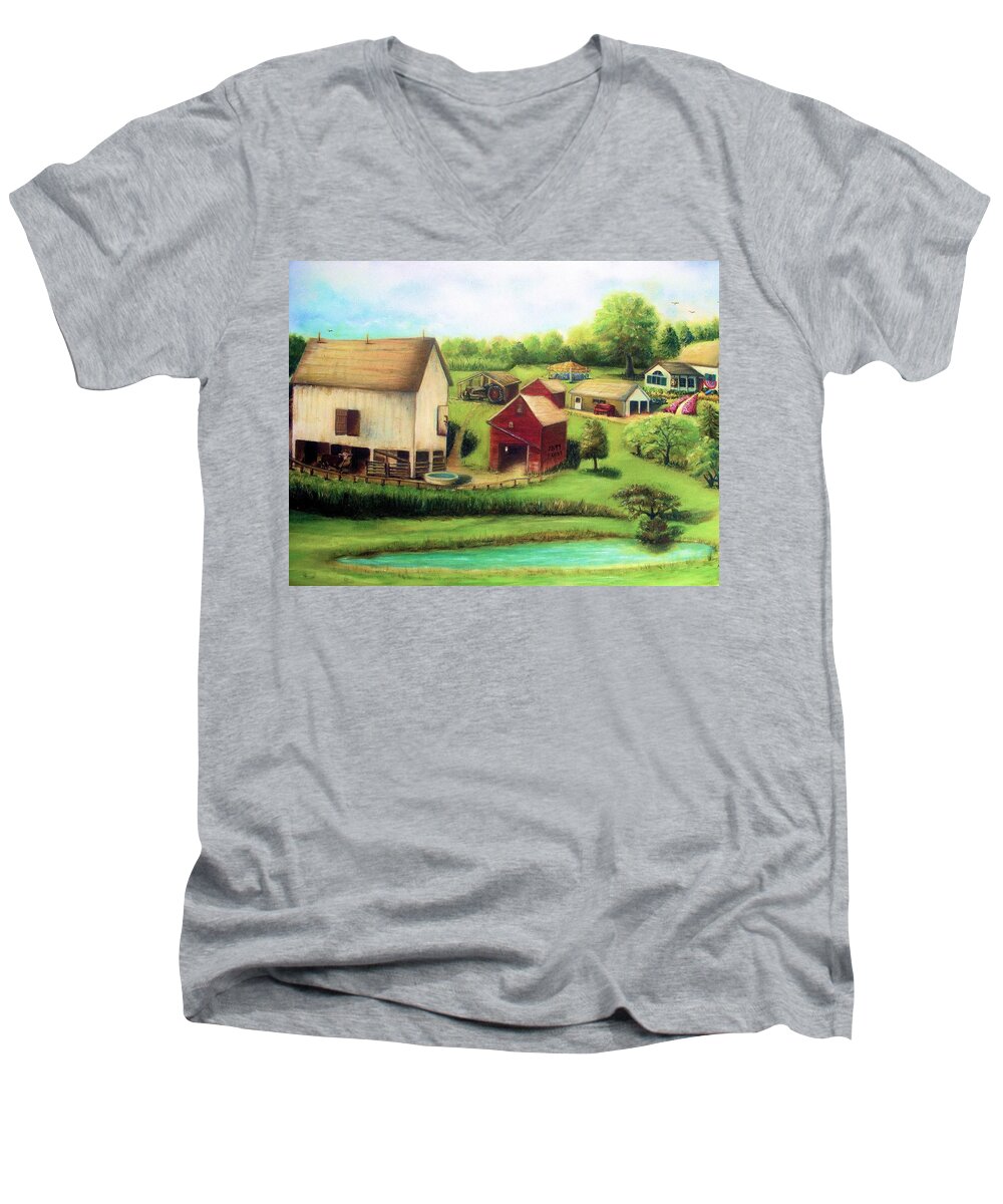 Farm Men's V-Neck T-Shirt featuring the painting Farm by Bernadette Krupa