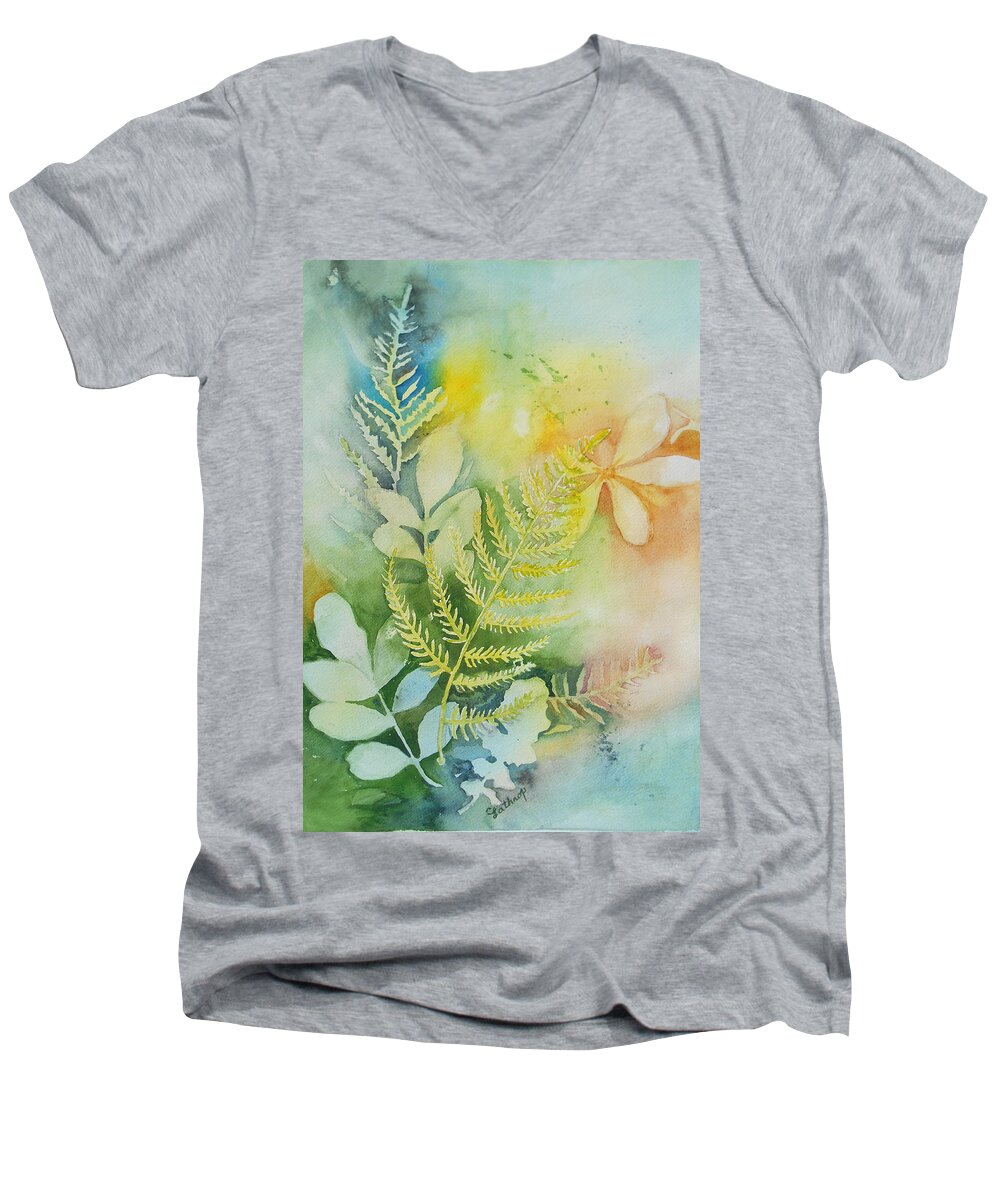 Ferns Men's V-Neck T-Shirt featuring the painting Ferns 'n' Leaves by Christine Lathrop