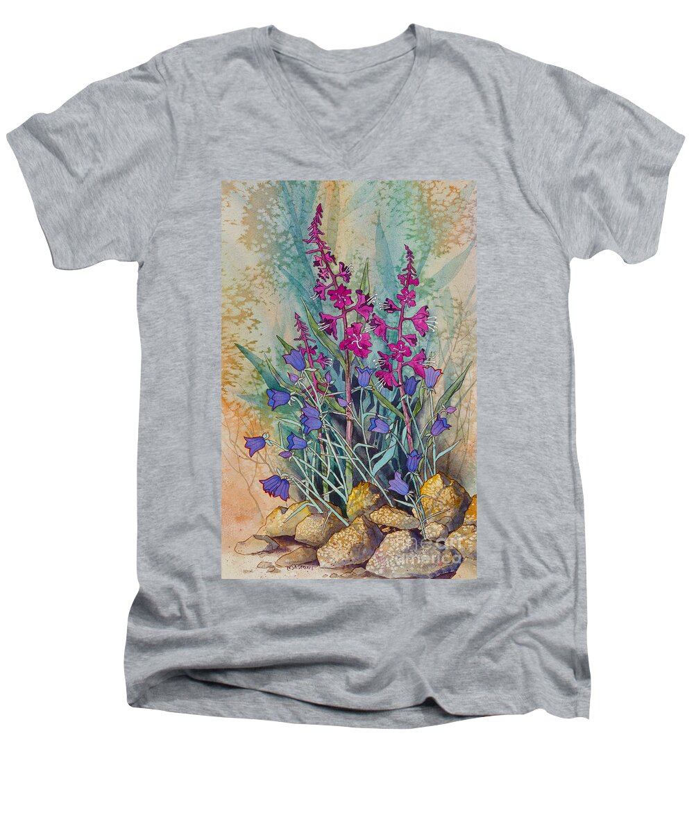 Fireweed And Bluebells Men's V-Neck T-Shirt featuring the painting Fireweed and Bluebells by Teresa Ascone