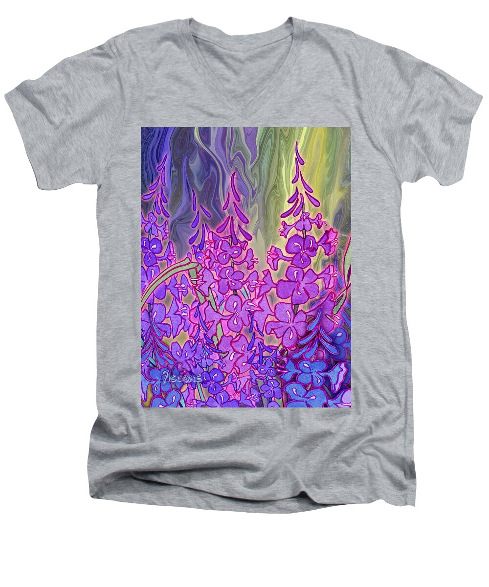 Fireweed Men's V-Neck T-Shirt featuring the mixed media Fireweed Medley by Teresa Ascone