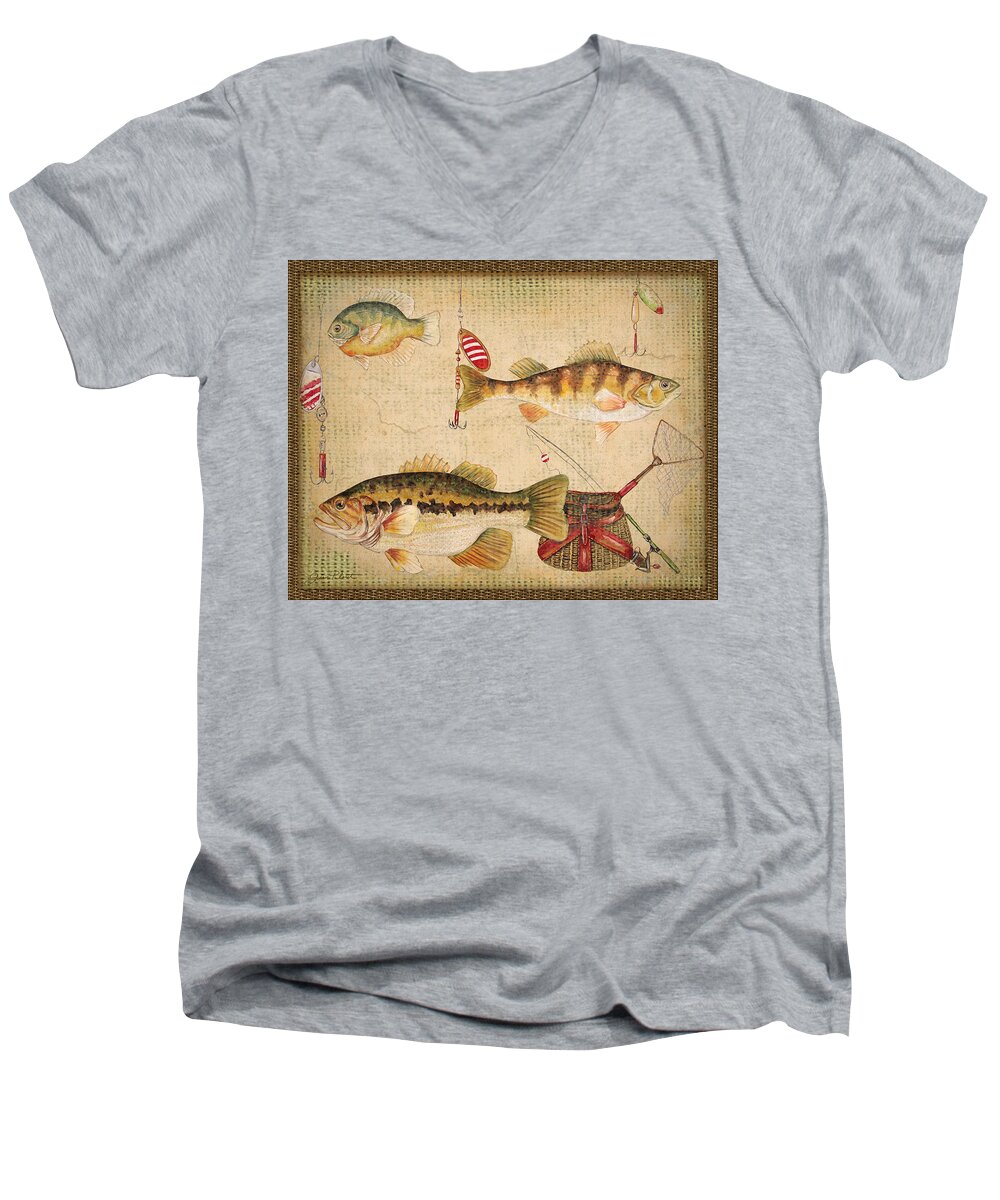 Acrylic Painting Men's V-Neck T-Shirt featuring the painting Fish Trio-A-Basket Weave Border by Jean Plout