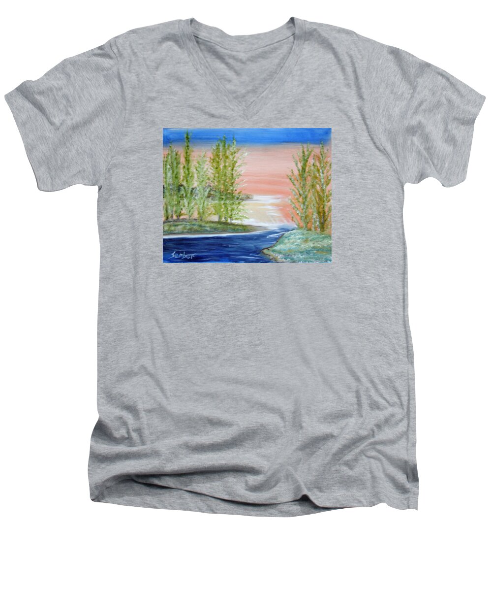 Flathead Men's V-Neck T-Shirt featuring the painting Flathead Lake Sunset by Suzanne Surber