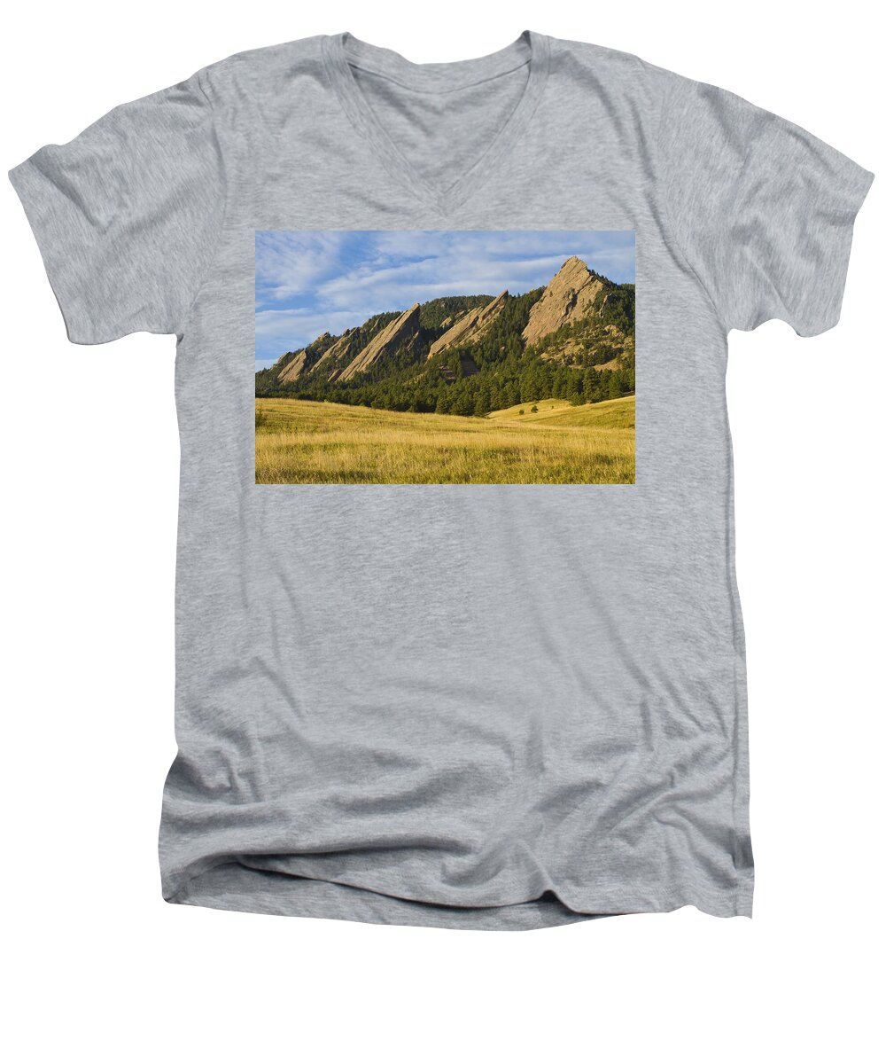 Boulder Photos Men's V-Neck T-Shirt featuring the photograph Flatiron Morning Light Boulder Colorado by James BO Insogna