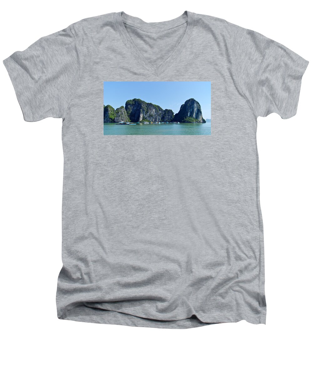 Floating Village Men's V-Neck T-Shirt featuring the photograph Floating Village Ha Long Bay by Scott Carruthers