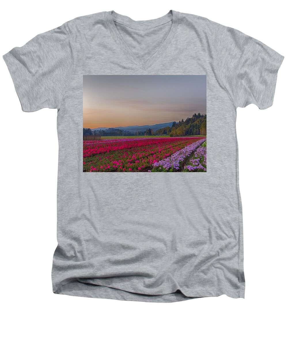 Flowers Men's V-Neck T-Shirt featuring the photograph Flower Field at Sunset in a Standard Ratio by Leah Palmer